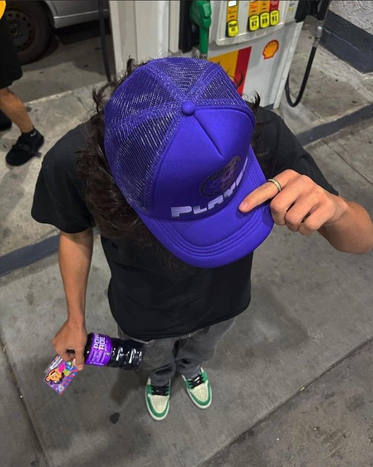 purple trucker hat
